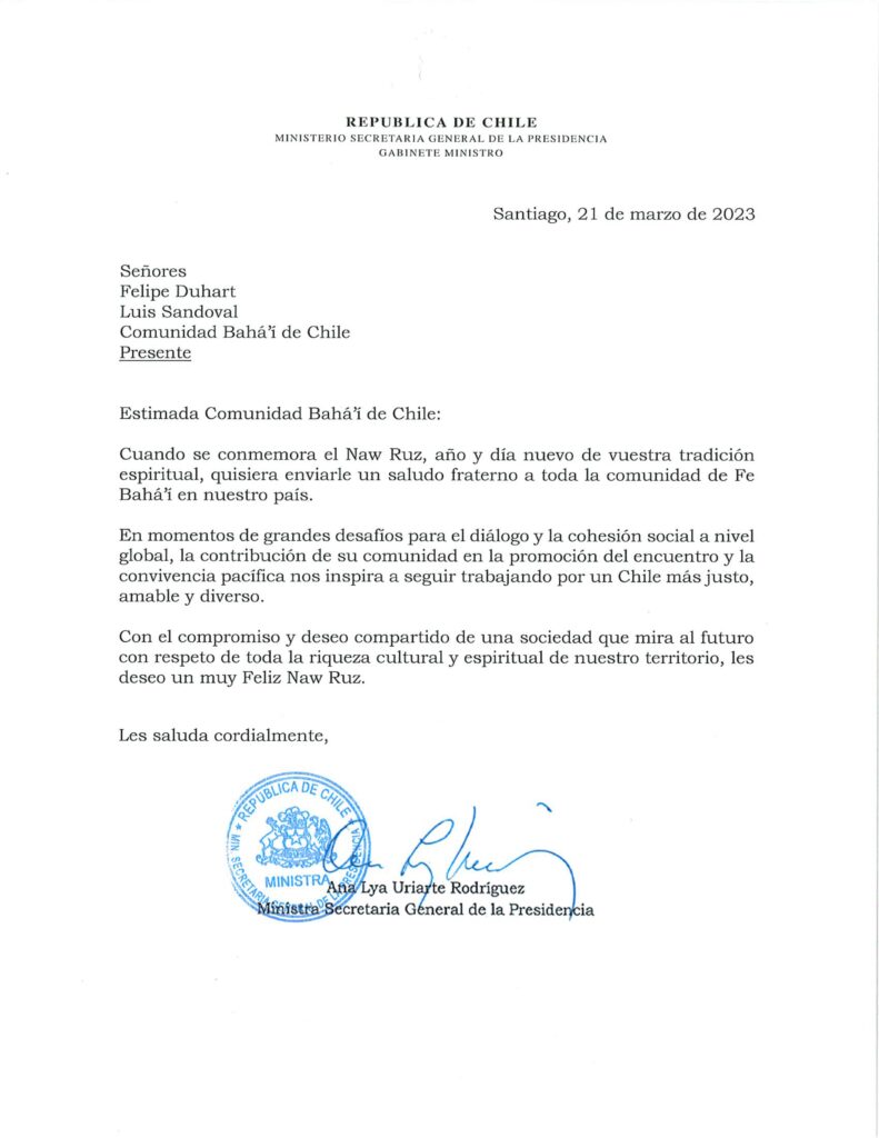 Carta Ministra Secretaria General Presidencia Ana Lya Uriarte a Comunidad Bahai Naw-Ruz